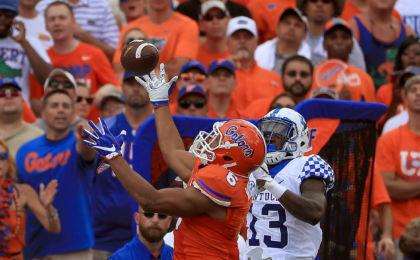 GAINESVILLE, FL - SEPTEMBER 10: Quincy Wilson #6 of the Florida Gators makes an interception over Jeff Badet #13 of the Kentucky Wildcats during a game against the Kentucky Wildcats at Ben Hill Griffin Stadium on September 10, 2016 in Gainesville, Florida. (Photo by Mike Ehrmann/Getty Images)