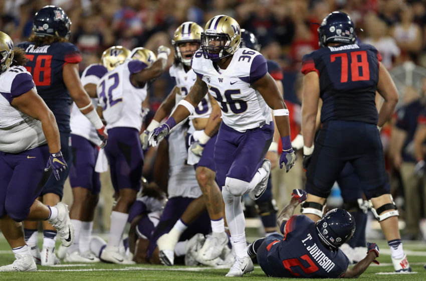 TUCSON, AZ - SEPTEMBER 24: Linebacker Azeem Victor #36 of the Washington Huskies reacts to a tackle during the college football game against the Arizona Wildcats at Arizona Stadium on September 24, 2016 in Tucson, Arizona. (Photo by Christian Petersen/Getty Images)