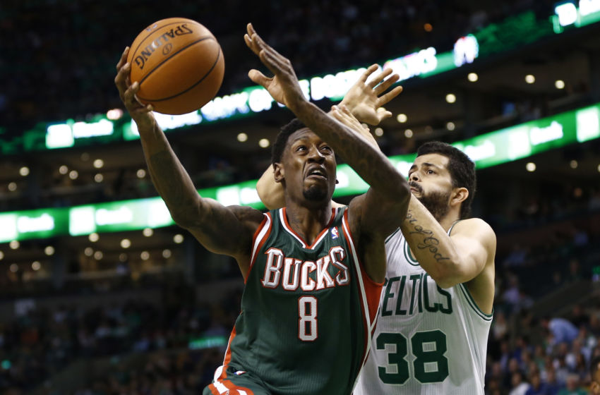 Nov 1, 2013; Boston, MA, USA; Milwaukee Bucks center Larry Sanders (8) shoots the ball against Boston Celtics center Vitor Faverani (38) during the first half at TD Garden. Mandatory Credit: Mark L. Baer-USA TODAY Sports