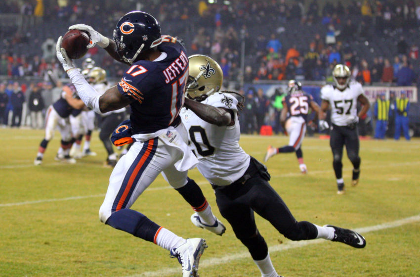 Dec 15, 2014; Chicago, IL, USA; Chicago Bears wide receiver Alshon Jeffery (17) catches a touchdown pass over New Orleans Saints defensive back A.J. Davis (20) during the second half at Soldier Field. New Orleans won 31-15. Mandatory Credit: Dennis Wierzbicki-USA TODAY Sports