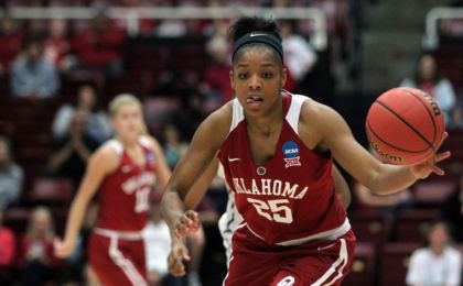 Mar 23, 2015; Stanford, CA, USA; Oklahoma guard Gioya Carter (25) runs the fast break ahead of Stanford forward Kaylee Johnson (5) in the first half of their game in the second round of the women's NCAA Tournament at Maples Pavilion. Mandatory Credit: Lance Iversen-USA TODAY Sports