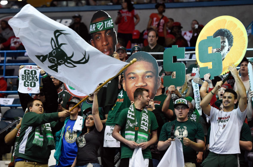 Apr 25, 2015; Milwaukee, WI, USA; Fans get ready for game four of the first round of the NBA Playoffs between the Milwaukee Bucks and Chicago Bulls at BMO Harris Bradley Center. Mandatory Credit: Benny Sieu-USA TODAY Sports