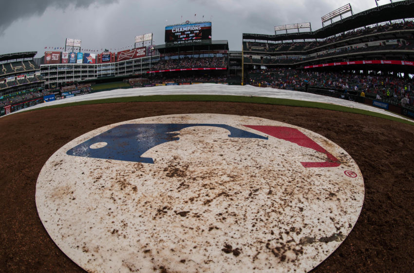 Jun 13, 2015; Arlington, TX, USA; A view of the MLB logo during a rain delay in the game between the Texas Rangers and the Minnesota Twins at Globe Life Park in Arlington. Mandatory Credit: Jerome Miron-USA TODAY Sports