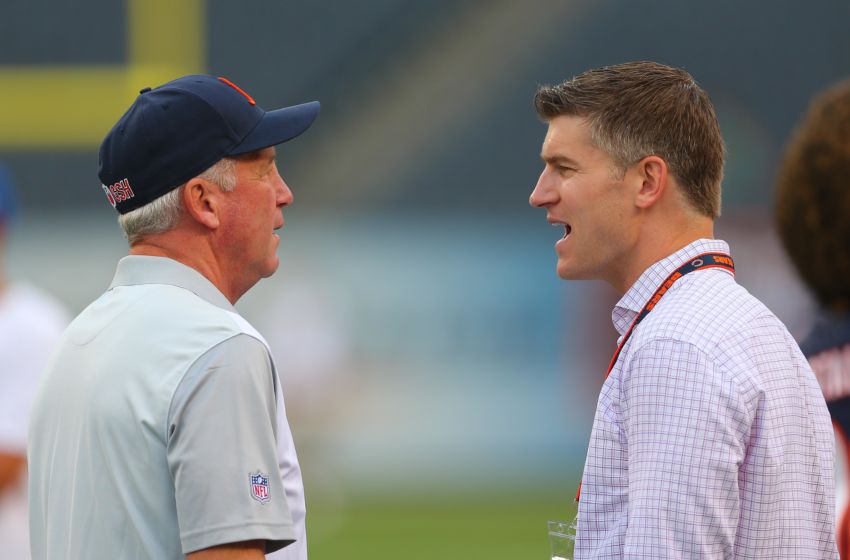 Aug 13, 2015; Chicago, IL, USA; Chicago Bears head coach John Fox (left) talks with general manager Ryan Pace (right) prior to a preseason NFL football game against the Miami Dolphins at Soldier Field. Mandatory Credit: Dennis Wierzbicki-USA TODAY Sports
