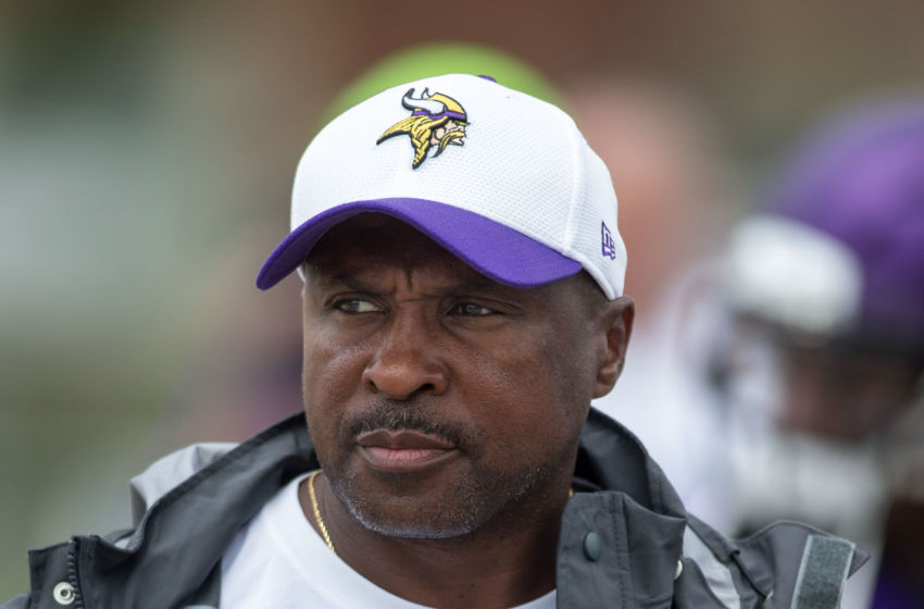 Jul 27, 2015; Mankato, MN, USA; Minnesota Vikings running backs coach Kirby Wilson walks to drills at training camp at Minnesota State University. Mandatory Credit: Bruce Kluckhohn-USA TODAY Sports