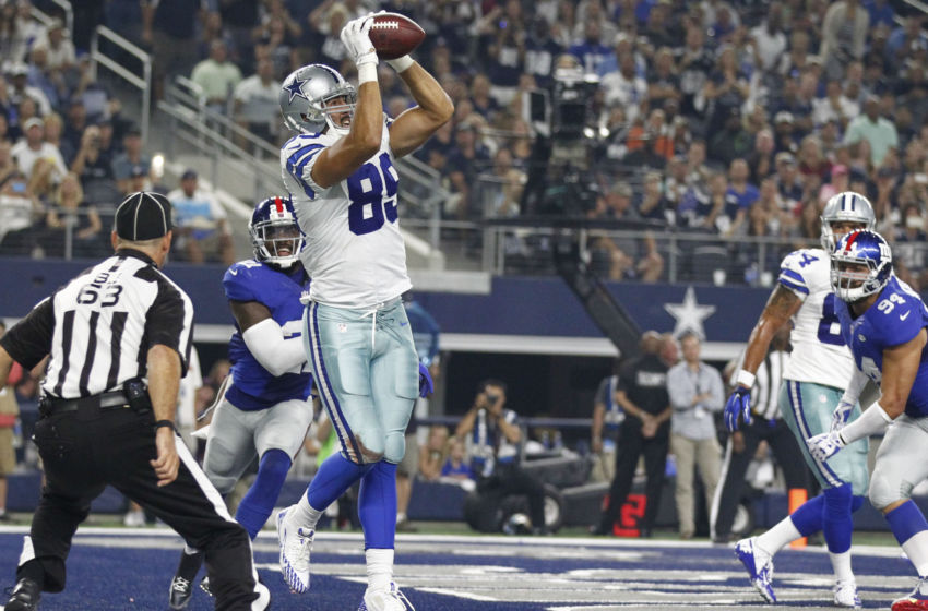 Sep 13, 2015; Arlington, TX, USA; Dallas Cowboys tight end Gavin Escobar (89) scores a touchdown in the third quarter against the New York Giants at AT&T Stadium. Mandatory Credit: Tim Heitman-USA TODAY Sports