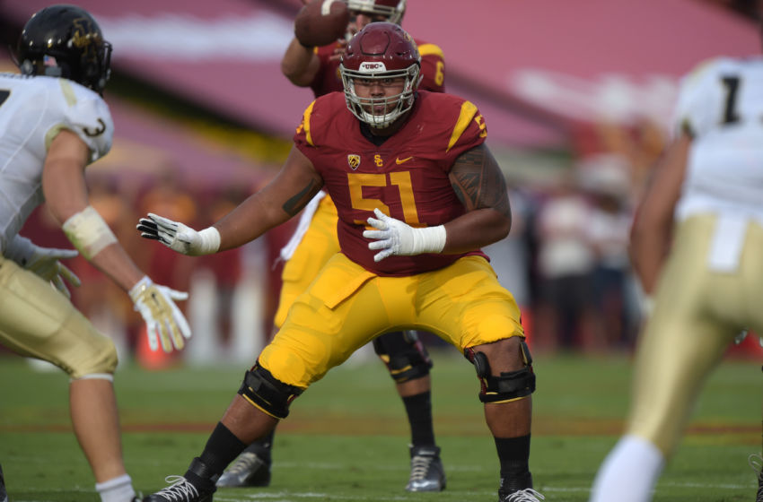 Sep 12, 2015; Los Angeles, CA, USA; Southern California Trojans left guard Damien Mama (51) during the game against the Idaho Vandals at Los Angeles Memorial Coliseum. Mandatory Credit: Kirby Lee-USA TODAY Sports