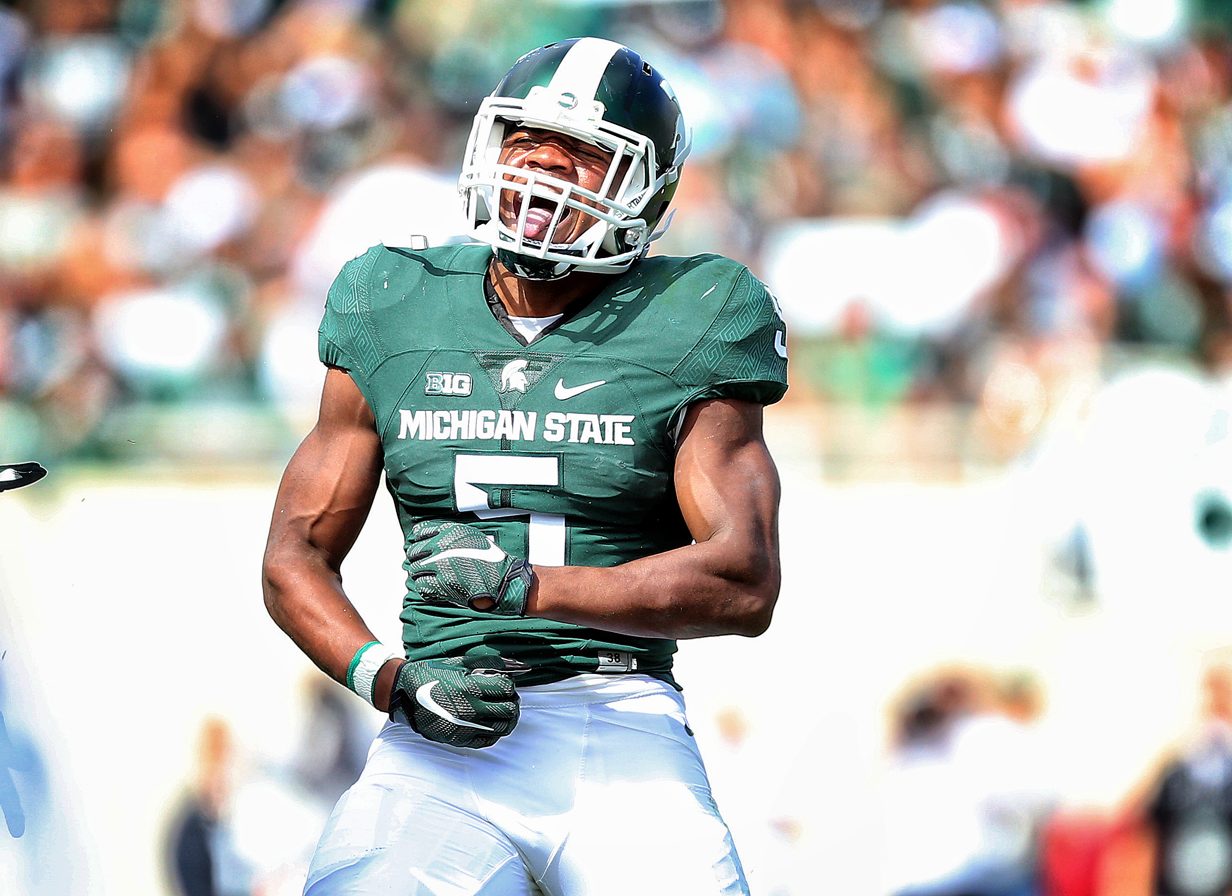 Sep 19, 2015; East Lansing, MI, USA; dMichigan State Spartans linebacker Andrew Dowell (5) celebrates fumble recovery during the 2nd half of a game at Spartan Stadium. MSU won 35-21. Mandatory Credit: Mike Carter-USA TODAY Sports