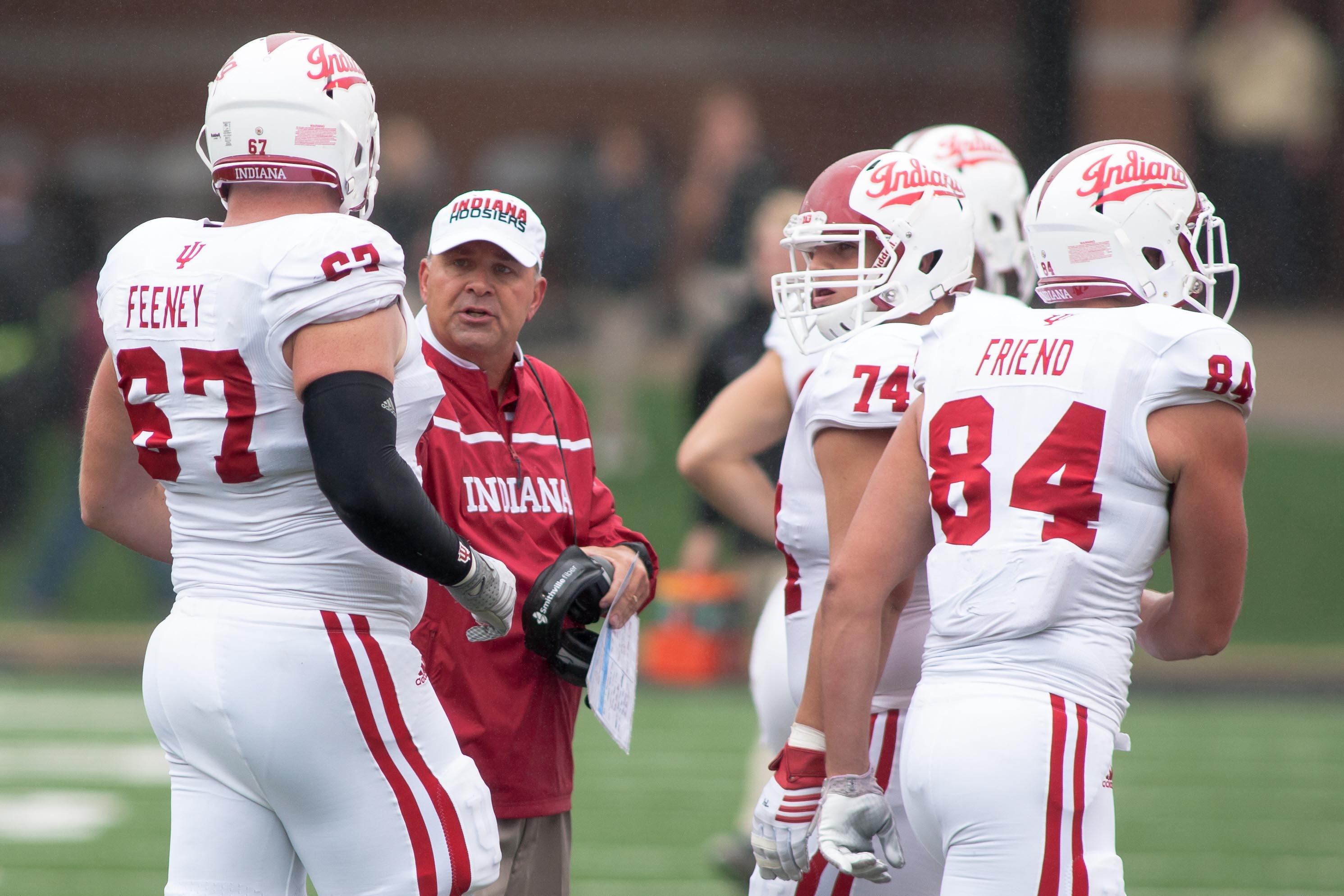 Sep 26, 2015; Winston-Salem, NC, USA; Indiana Hoosiers head coach Kevin Wilson talks with offensive lineman Dan Feeney (67) during the first quarter against the Wake Forest Demon Deacons at BB&T Field. Mandatory Credit: Jeremy Brevard-USA TODAY Sports