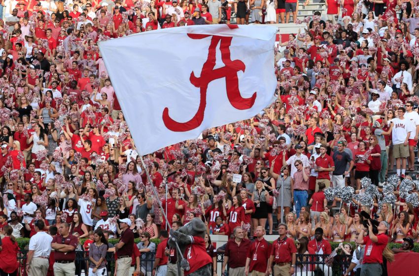 Sep 26, 2015; Tuscaloosa, AL, USA; Alabama Crimson Tide mascot Big Al waves the flag after a score at Bryant-Denny Stadium against the UL Monroe Warhawks. The Tide defeated the Warhawks 34-0. Mandatory Credit: Marvin Gentry-USA TODAY Sports