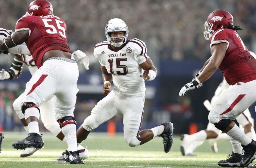 Sep 26, 2015; Arlington, TX, USA; Texas A&M Aggies defensive lineman Myles Garrett (15) in action against the Arkansas Razorbacks at AT&T Stadium. Mandatory Credit: Matthew Emmons-USA TODAY Sports