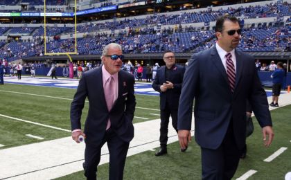 Oct 4, 2015; Indianapolis, IN, USA; Indianapolis Colts owner Jim Irsay and general manager Ryan Grigson walk the sidelines before the game against the Jacksonville Jaguars at Lucas Oil Stadium. Indianapolis defeats Jacksonville 16-13 in overtime. Mandatory Credit: Brian Spurlock-USA TODAY Sports
