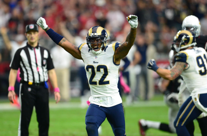 (EDITORS NOTE: CAPTION CORRECTION) Oct 4, 2015; Glendale, AZ, USA; St. Louis Rams cornerback Trumaine Johnson (22) reacts after a defensive stand against the Arizona Cardinals during the second half at University of Phoenix Stadium. The Rams won 24-22. Mandatory Credit: Joe Camporeale-USA TODAY Sports