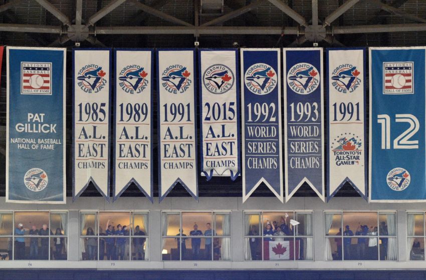 Oct 8, 2015; Toronto, Ontario, CAN; General view of past Toronto Blue Jays banners representing past American League and World Series championships prior to game one of the ALDS against the Texas Rangers at Rogers Centre. Mandatory Credit: Nick Turchiaro-USA TODAY Sports