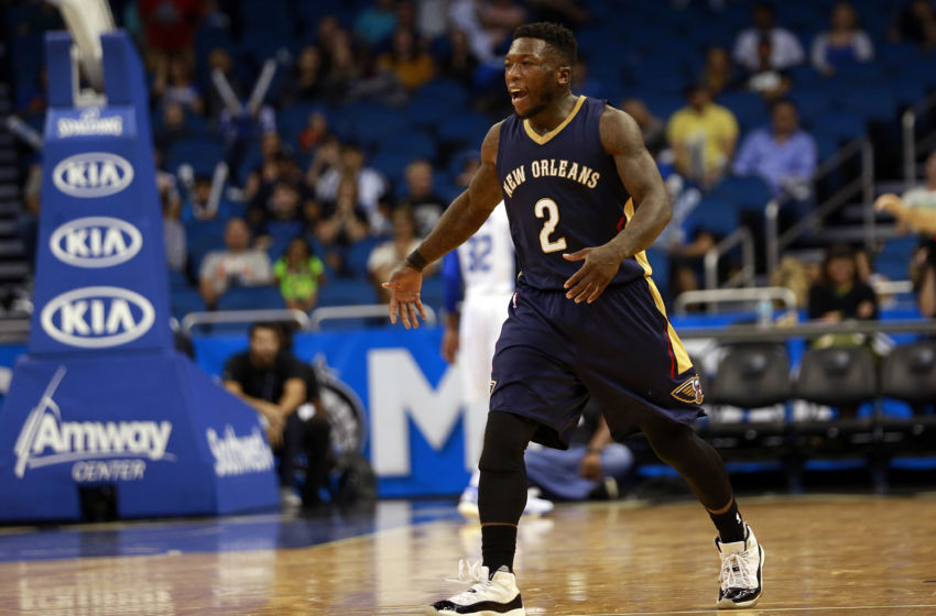 Oct 21, 2015; Orlando, FL, USA; New Orleans Pelicans guard Nate Robinson (2) reacts as he made a three pointer to tie the game during the second half against the Orlando Magic at Amway Center. Orlando Magic defeated the New Orleans Pelicans 10-107 in overtime. Mandatory Credit: Kim Klement-USA TODAY Sports