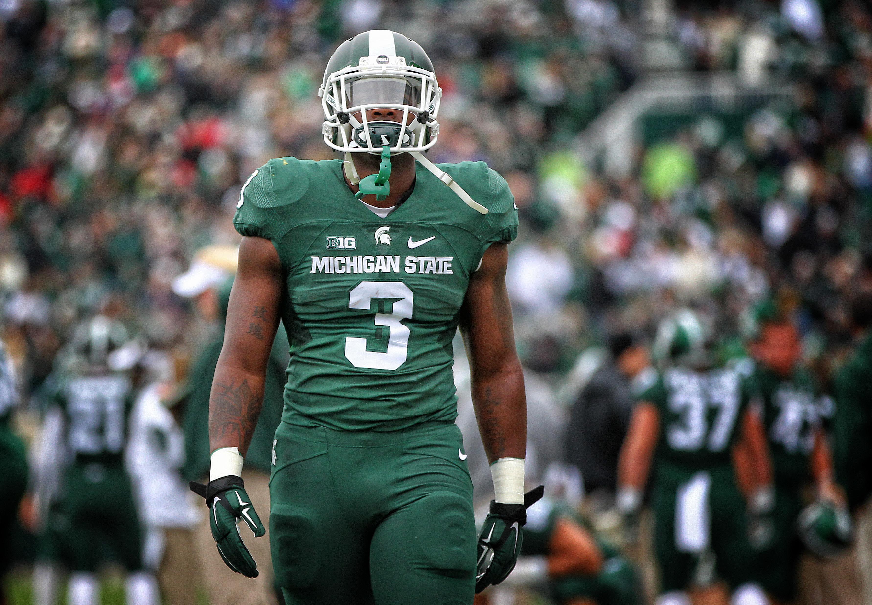 Oct 3, 2015; East Lansing, MI, USA; Michigan State Spartans running back LJ Scott (3) stands on the field prior to a game against the Purdue Boilermakers at Spartan Stadium. Mandatory Credit: Mike Carter-USA TODAY Sports