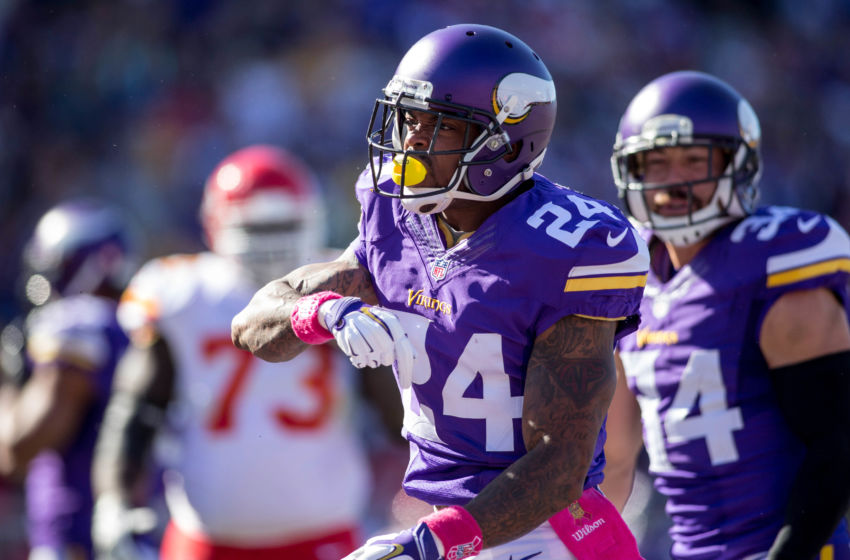 Oct 18, 2015; Minneapolis, MN, USA; Minnesota Vikings cornerback Captain Munnerlyn (24) celebrates his tackle against the Kansas City Chiefs in the first quarter at TCF Bank Stadium. The Vikings win 16-10. Mandatory Credit: Bruce Kluckhohn-USA TODAY Sports