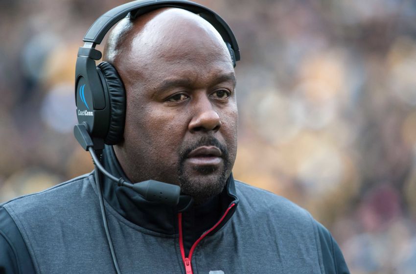 Oct 31, 2015; Iowa City, IA, USA; Maryland Terrapins head coach Mike Locksley looks on during the first half against the Iowa Hawkeyes at Kinnick Stadium. Mandatory Credit: Jeffrey Becker-USA TODAY Sports