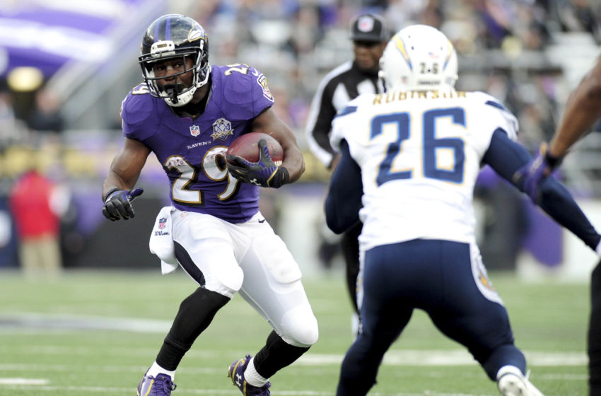 Nov 1, 2015; Baltimore, MD, USA; Baltimore Ravens running back Justin Forsett (29) runs with the ball during the game against the San Diego Chargers at M&T Bank Stadium. Mandatory Credit: Evan Habeeb-USA TODAY Sports
