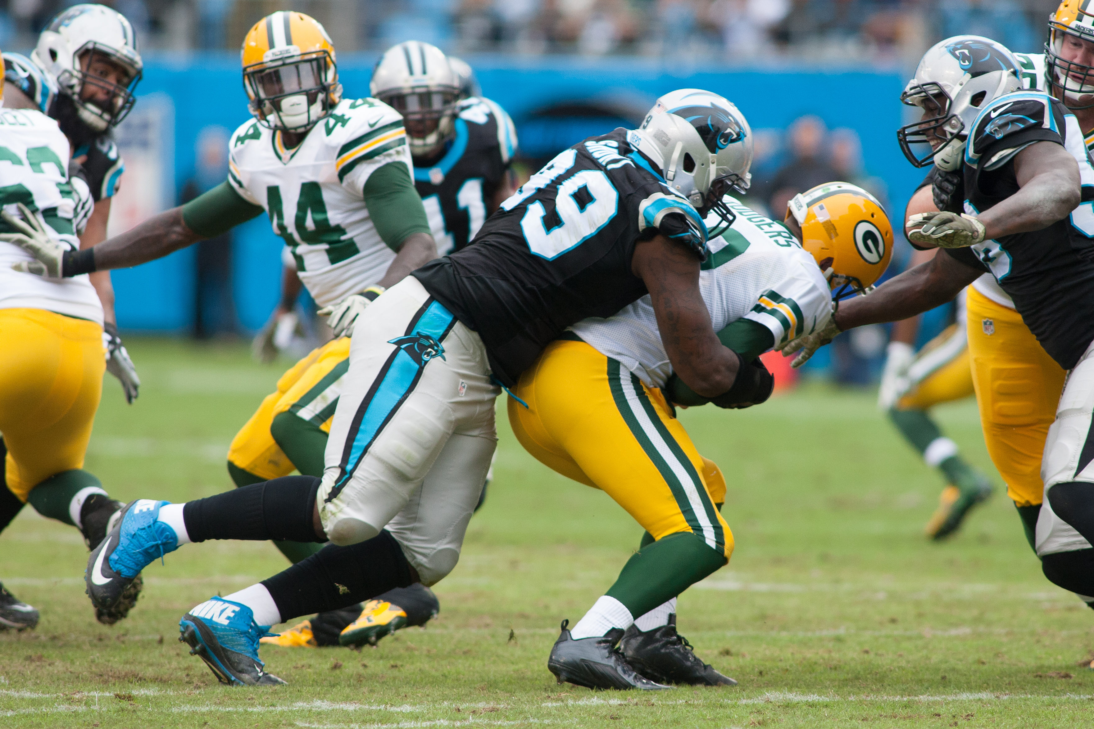 Nov 8, 2015; Charlotte, NC, USA; Carolina Panthers defensive tackle Kawann Short (99) sacks Green Bay Packers quarterback Aaron Rodgers (12) during the second quarter at Bank of America Stadium. Mandatory Credit: Jeremy Brevard-USA TODAY Sports