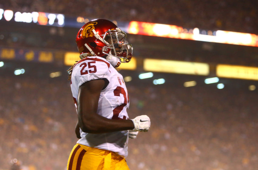 Sep 26, 2015; Tempe, AZ, USA; Southern California Trojans running back Ronald Jones II (25) against the Arizona State Sun Devils at Sun Devil Stadium. The Trojans defeated the Sun Devils 42-14. Mandatory Credit: Mark J. Rebilas-USA TODAY Sports