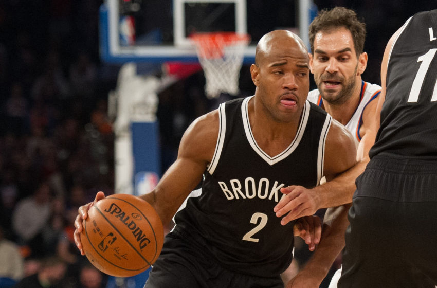 Dec 4, 2015; New York, NY; Brooklyn Nets guard Jarrett Jack (2) dribbles the ball as New York Knicks guard Jose Calderon (3) defends in the first half at Madison Square Garden. Mandatory Credit: William Hauser-USA TODAY Sports