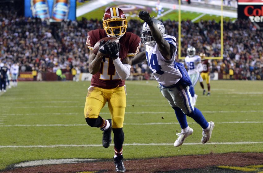 Dec 7, 2015; Landover, MD, USA; Washington Redskins wide receiver DeSean Jackson (11) catches a touchdown in front of Dallas Cowboys cornerback Morris Claiborne (24) during the fourth quarter at FedEx Field. Dallas Cowboys defeated Washington Redskins 19-16. Mandatory Credit: Tommy Gilligan-USA TODAY Sports