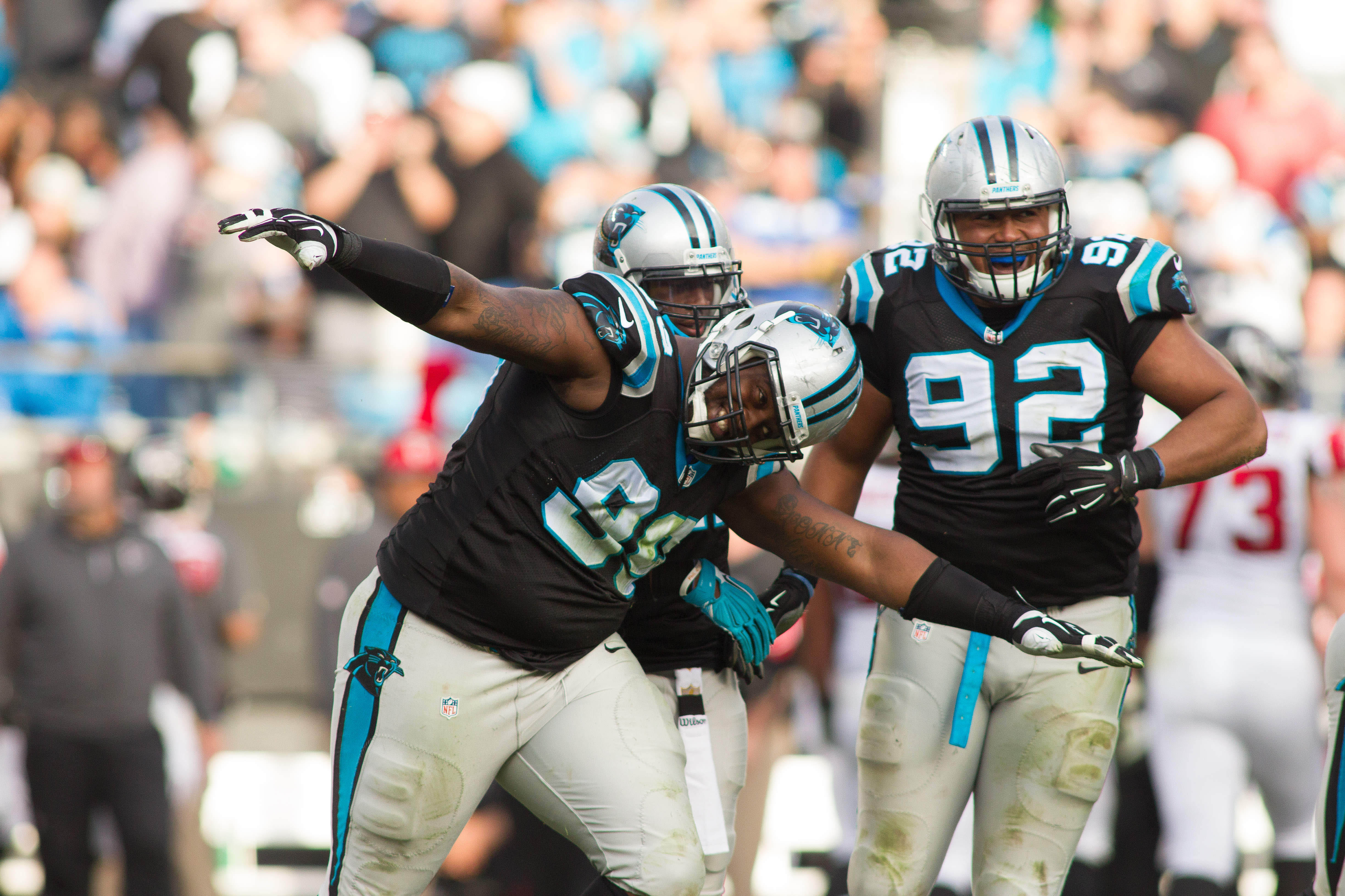 Dec 13, 2015; Charlotte, NC, USA; Carolina Panthers defensive tackle Kawann Short (99) reacts after a sack in the third quarter against the Atlanta Falcons at Bank of America Stadium. Panthers defeated the Falcons 38-0. Mandatory Credit: Jeremy Brevard-USA TODAY Sports