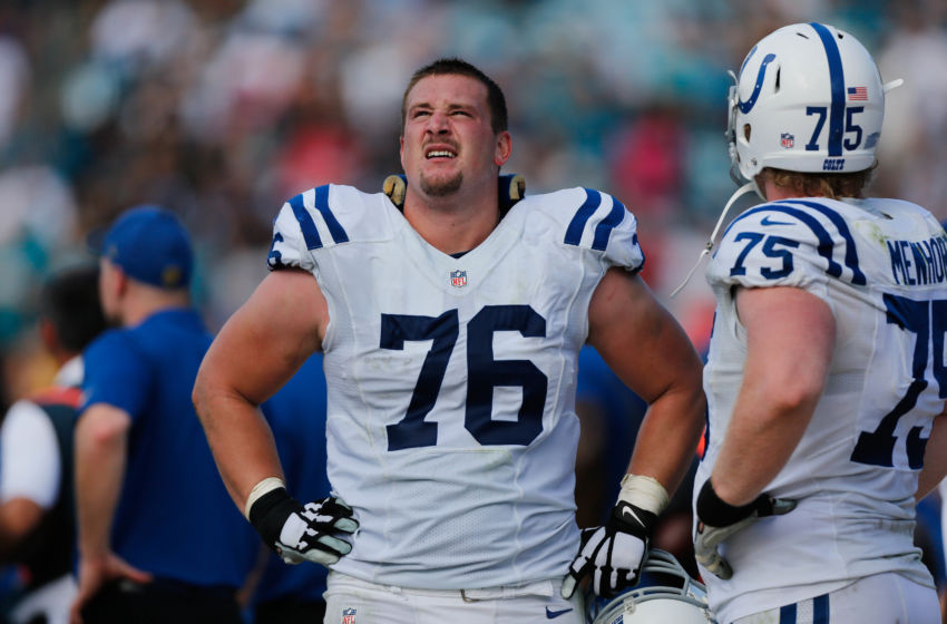 Dec 13, 2015; Jacksonville, FL, USA; Indianapolis Colts guard Joe Reitz (76) looks on against the Jacksonville Jaguars in the second quarter at EverBank Field. The Jaguars won 51-16.Mandatory Credit: Jim Steve-USA TODAY Sports
