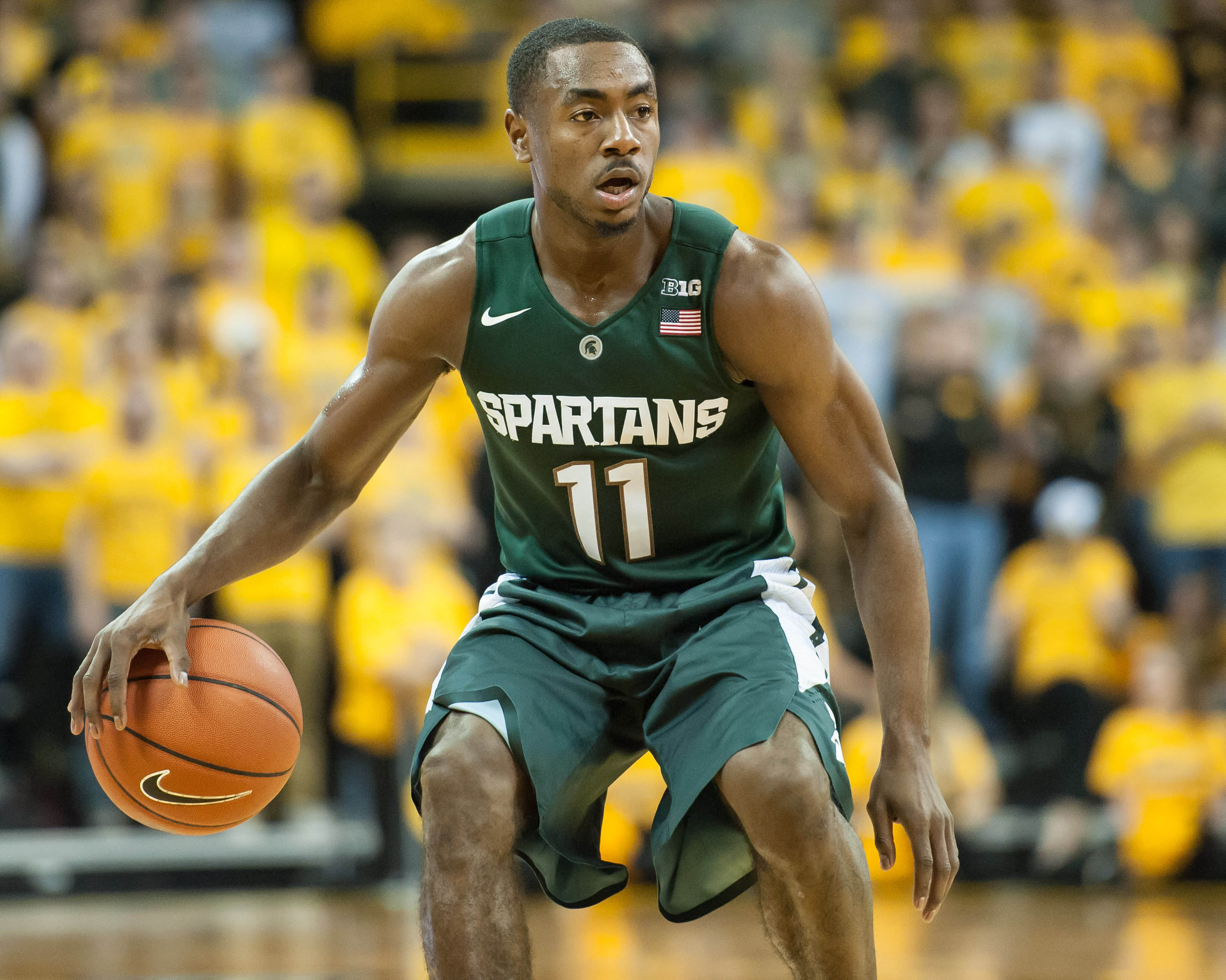 Dec 29, 2015; Iowa City, IA, USA; Michigan State Spartans guard Lourawls Nairn Jr. (11) dribbles against the Iowa Hawkeyes during the first half at Carver-Hawkeye Arena. Mandatory Credit: Jeffrey Becker-USA TODAY Sports