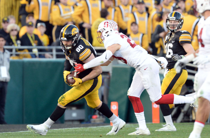 Jan 1, 2016; Pasadena, CA, USA; Stanford Cardinal safety Dallas Lloyd (29) defends against Iowa Hawkeyes tight end Henry Krieger Coble (80) during the third quarter in the 2016 Rose Bowl at Rose Bowl. Mandatory Credit: Richard Mackson-USA TODAY Sports