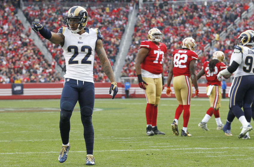 Jan 3, 2016; Santa Clara, CA, USA; St. Louis Rams cornerback Trumaine Johnson (22) reacts after a play against the San Francisco 49ers in the second quarter at Levi's Stadium. Mandatory Credit: Cary Edmondson-USA TODAY Sports