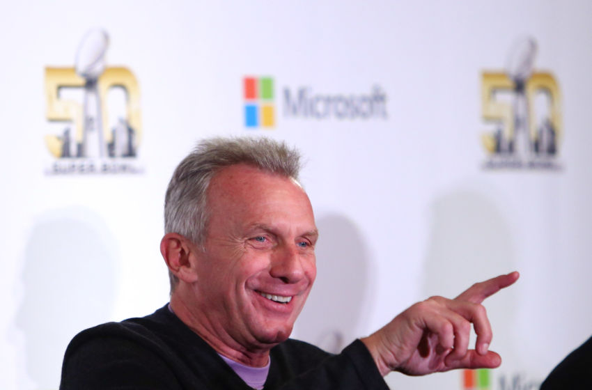 Feb 2, 2016; San Francisco, CA, USA; San Francisco 49ers former quarterback Joe Montana speaks during the Microsoft future of football press conference at Moscone Center in advance of Super Bowl 50 between the Carolina Panthers and the Denver Broncos. Mandatory Credit: Jerry Lai-USA TODAY Sports