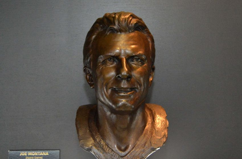 Feb 3, 2016; San Francisco, CA, USA; General view of the Pro Football Hall of Fame bust of Joe Montana at the NFL Experience at the Moscone Center. Mandatory Credit: Kirby Lee-USA TODAY Sports