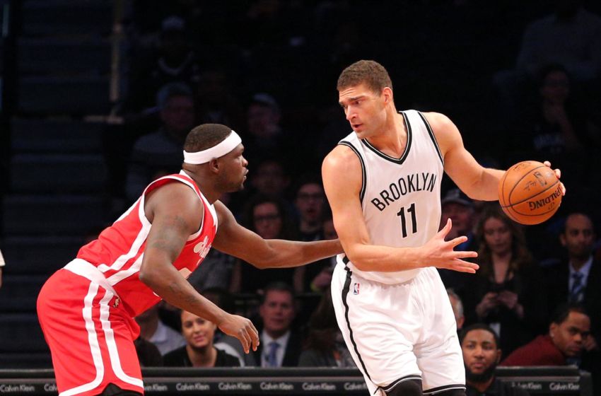 Feb 10, 2016; Brooklyn, NY, USA; Brooklyn Nets center Brook Lopez (11) controls the ball against Memphis Grizzlies power forward Zach Randolph (50) during the first quarter at Barclays Center. Mandatory Credit: Brad Penner-USA TODAY Sports