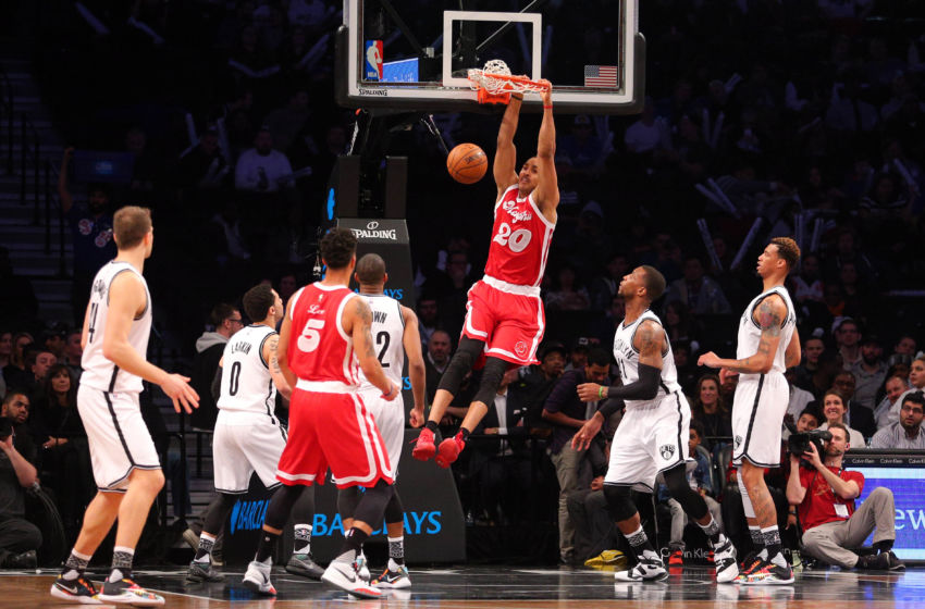 Feb 10, 2016; Brooklyn, NY, USA; Memphis Grizzlies center Ryan Hollins (20) dunks against the Brooklyn Nets during the third quarter at Barclays Center. Mandatory Credit: Brad Penner-USA TODAY Sports