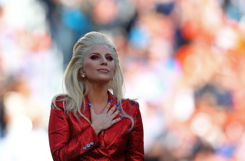 Feb 7, 2016; Santa Clara, CA, USA; Recording artist Lady Gaga performs the national anthem before Super Bowl 50 between the Carolina Panthers and the Denver Broncos at Levi's Stadium. Mandatory Credit: Mark J. Rebilas-USA TODAY Sports