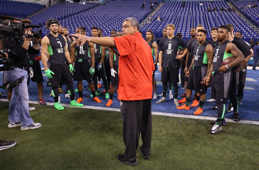 Feb 27, 2016; Indianapolis, IN, USA; Quarterbacks and wide receivers talk during the workout drills during the 2016 NFL Scouting Combine at Lucas Oil Stadium. Mandatory Credit: Brian Spurlock-USA TODAY Sports
