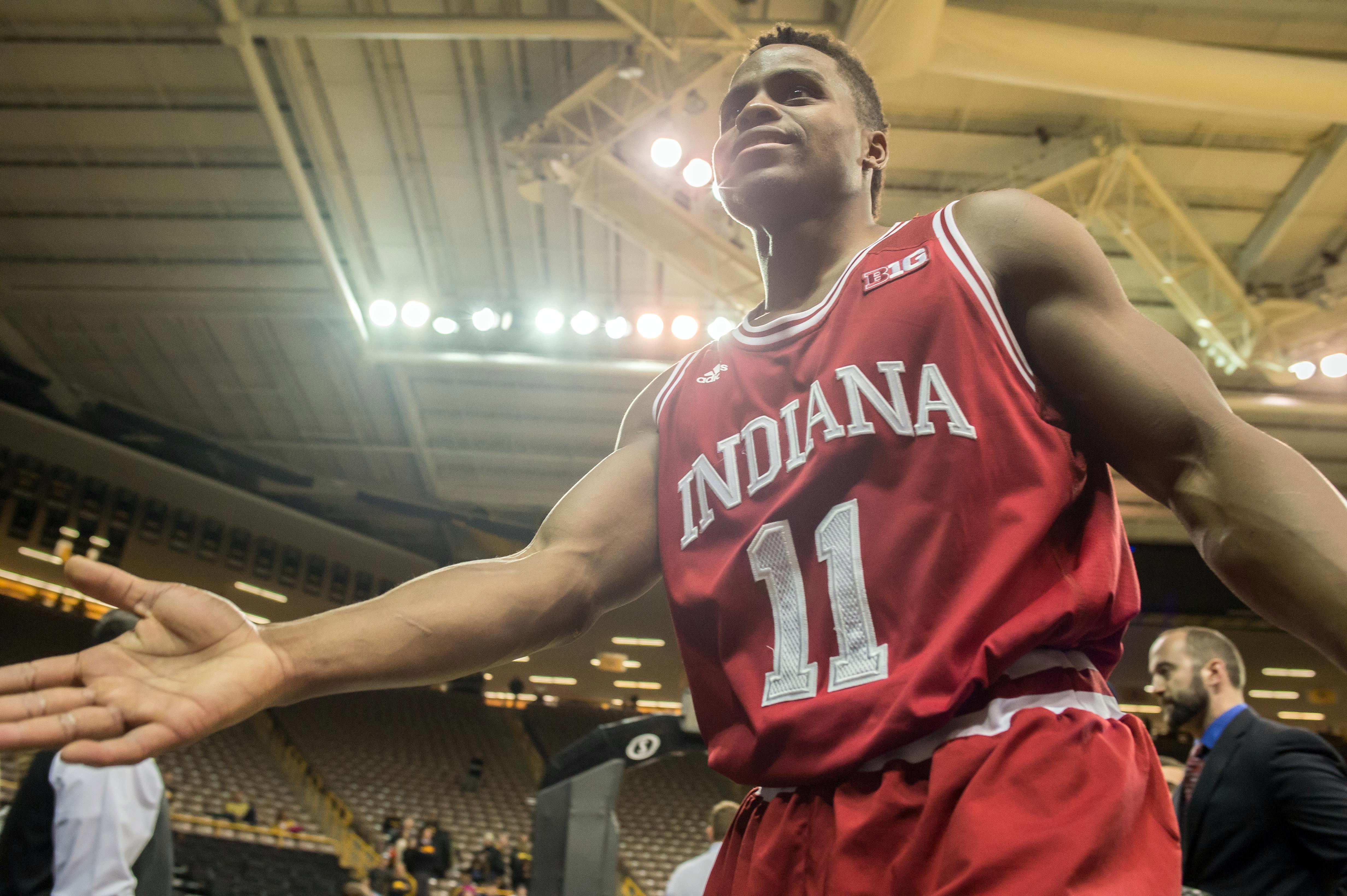 Mar 1, 2016; Iowa City, IA, USA; Indiana Hoosiers guard Yogi Ferrell (11) walks off the court after the game against the Iowa Hawkeyes at Carver-Hawkeye Arena. Indiana won 81-78. Mandatory Credit: Jeffrey Becker-USA TODAY Sports