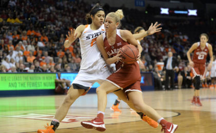 Mar 5, 2016; Oklahoma City, OK, USA; Oklahoma Sooners guard Peyton Little (10) drives to the basket against Oklahoma State Cowgirls guard Brittney Martin (22) in the fourth quarter during the women's Big 12 conference tournament at Chesapeake Energy Arena. Mandatory Credit: Mark D. Smith-USA TODAY Sports
