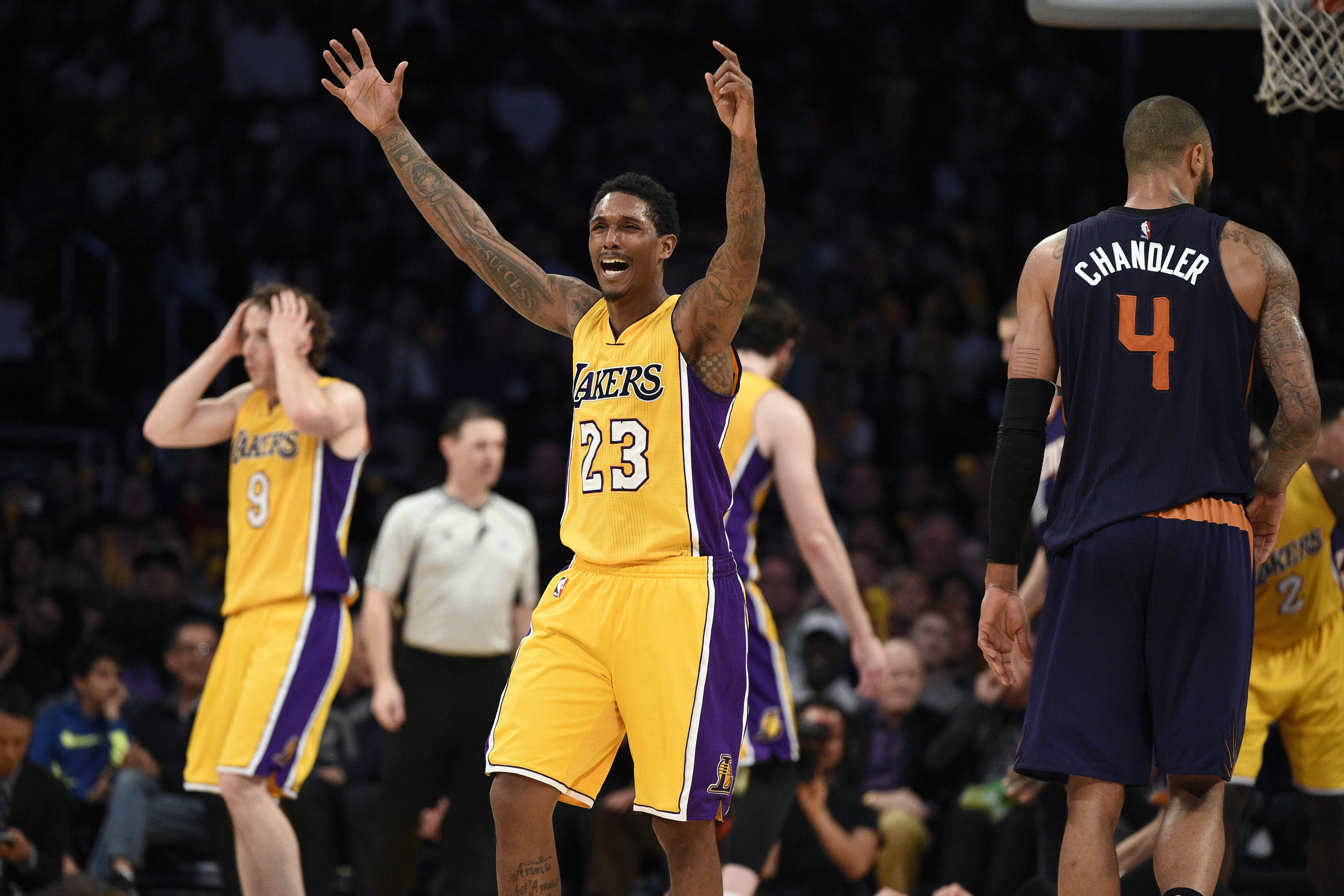 Mar 18, 2016; Los Angeles, CA, USA; Los Angeles Lakers guard Lou Williams (23) reacts after a foul was called on the Lakers during the second half against the Phoenix Suns at Staples Center. The Phoenix Suns won 95-90. Mandatory Credit: Kelvin Kuo-USA TODAY Sports