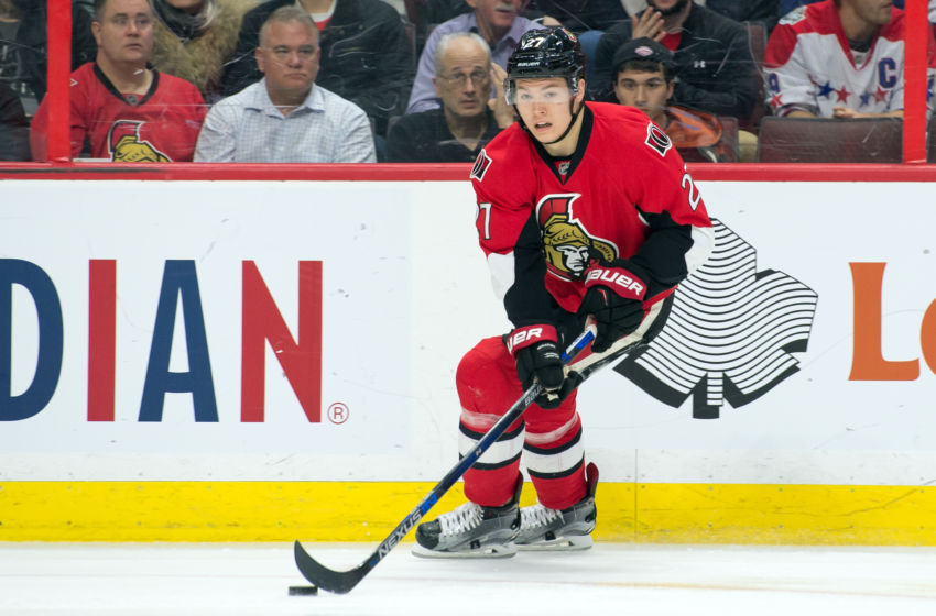 Mar 22, 2016; Ottawa, Ontario, CAN; Ottawa Senators right wing Curtis Lazar (27) skates in the first period against the Washington Capitals at the Canadian Tire Centre. Mandatory Credit: Marc DesRosiers-USA TODAY Sports