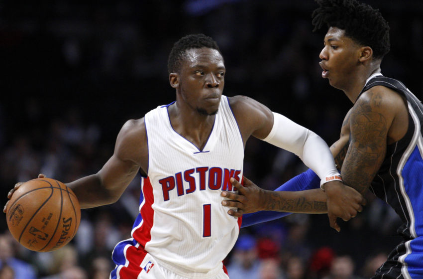 Mar 23, 2016; Auburn Hills, MI, USA; Detroit Pistons guard Reggie Jackson (1) controls the ball defended by Orlando Magic guard Elfrid Payton (4) during the fourth quarter at The Palace of Auburn Hills. Pistons win 118-102. Mandatory Credit: Raj Mehta-USA TODAY Sports
