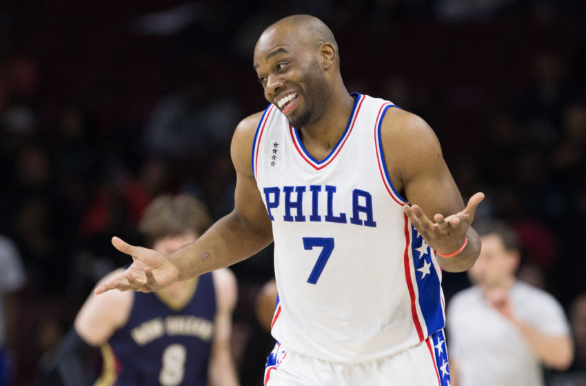 Apr 5, 2016; Philadelphia, PA, USA; Philadelphia 76ers forward Carl Landry (7) reacts after his off balance shot scores against the New Orleans Pelicans during the second half at Wells Fargo Center. The Philadelphia 76ers won 107-93. Mandatory Credit: Bill Streicher-USA TODAY Sports