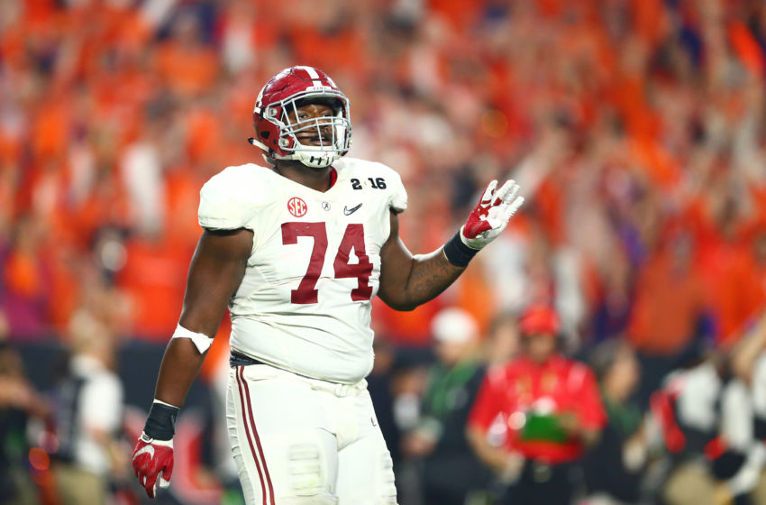 Jan 11, 2016; Glendale, AZ, USA; Alabama Crimson Tide offensive lineman Cam Robinson (74) reacts against the Clemson Tigers in the 2016 CFP National Championship at University of Phoenix Stadium. Mandatory Credit: Mark J. Rebilas-USA TODAY Sports