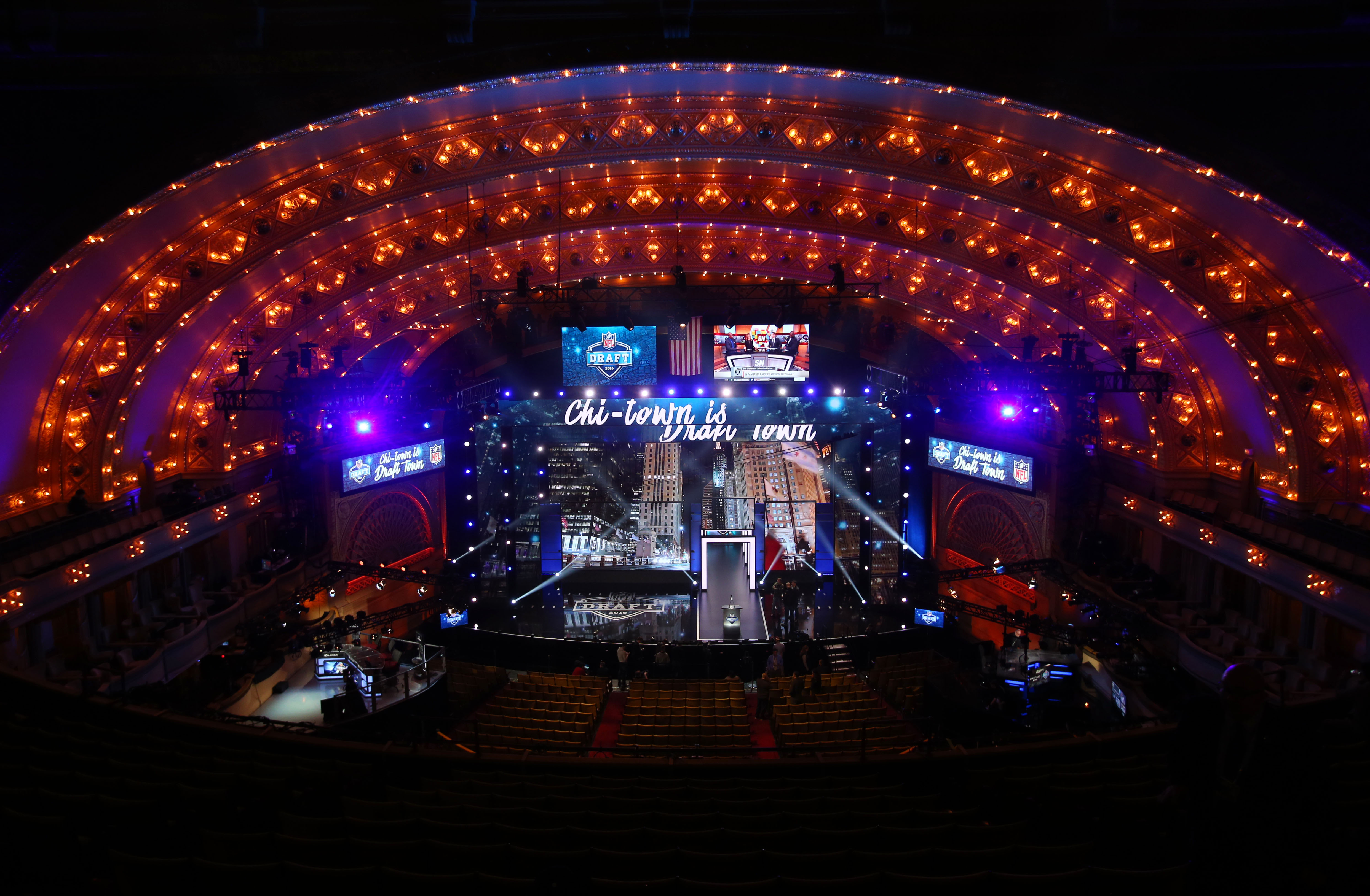 Apr 28, 2016; Chicago, IL, USA; A general view of the stage and podium before the 2016 NFL Draft at the Auditorium Theatre. Mandatory Credit: Jerry Lai-USA TODAY Sports
