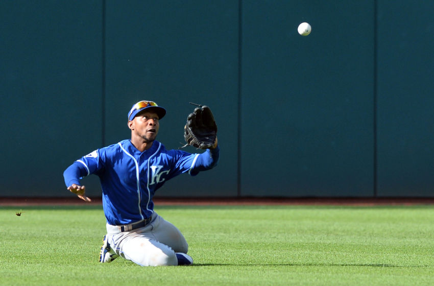 Jun 5, 2016; Cleveland, OH, USA; Kansas City Royals center fielder Jarrod Dyson (1) makes a diving catch on a ball hit by Cleveland Indians right fielder Lonnie Chisenhall (not pictured) during the sixth inning at Progressive Field. Mandatory Credit: Ken Blaze-USA TODAY Sports