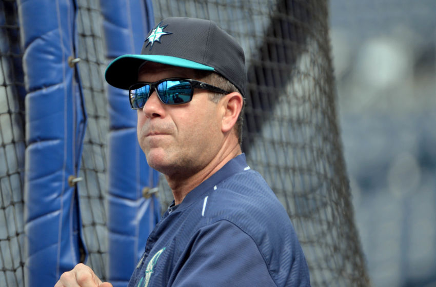 Jul 7, 2016; Kansas City, MO, USA; Seattle Mariners hitting coach Edgar Martinez (11) watches batting practice before the game against the Kansas City Royals at Kauffman Stadium. Mandatory Credit: Denny Medley-USA TODAY Sports