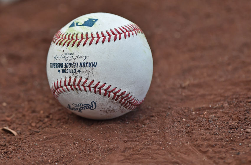 Jul 19, 2016; Kansas City, MO, USA; A general view of a baseball on the field prior to a game between the Cleveland Indians and the Kansas City Royals at Kauffman Stadium. Mandatory Credit: Peter G. Aiken-USA TODAY Sports