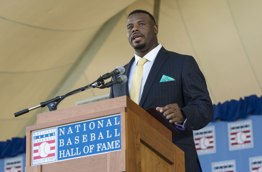 Jul 24, 2016; Cooperstown, NY, USA; Hall of Fame Inductee Ken Griffey Jr. makes his acceptance speech during the 2016 MLB baseball hall of fame induction ceremony at Clark Sports Center. Mandatory Credit: Gregory J. Fisher-USA TODAY Sports
